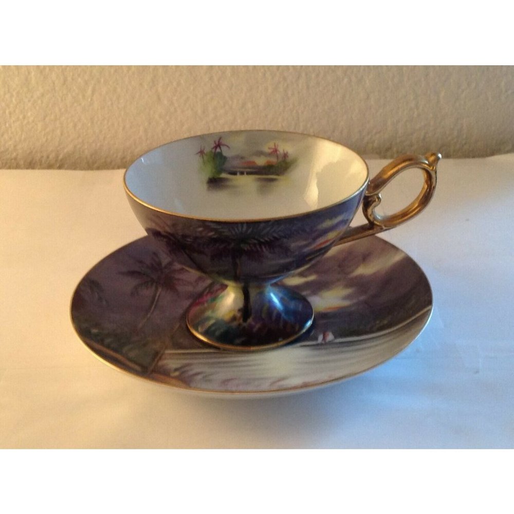 Norcrest Tropical Beach Scene Memory of Java Hand Painted Tea Cup Saucer Japan
